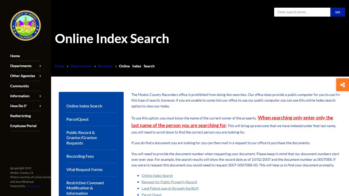 Online Index Search - Modoc County, California